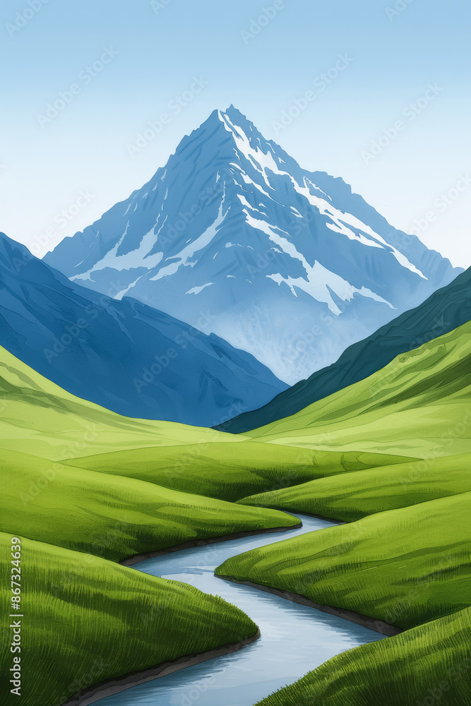 Poster Harmonious mountain landscape with soothing green and blue tones inviting meditative reflection and peace watercolour illustration 