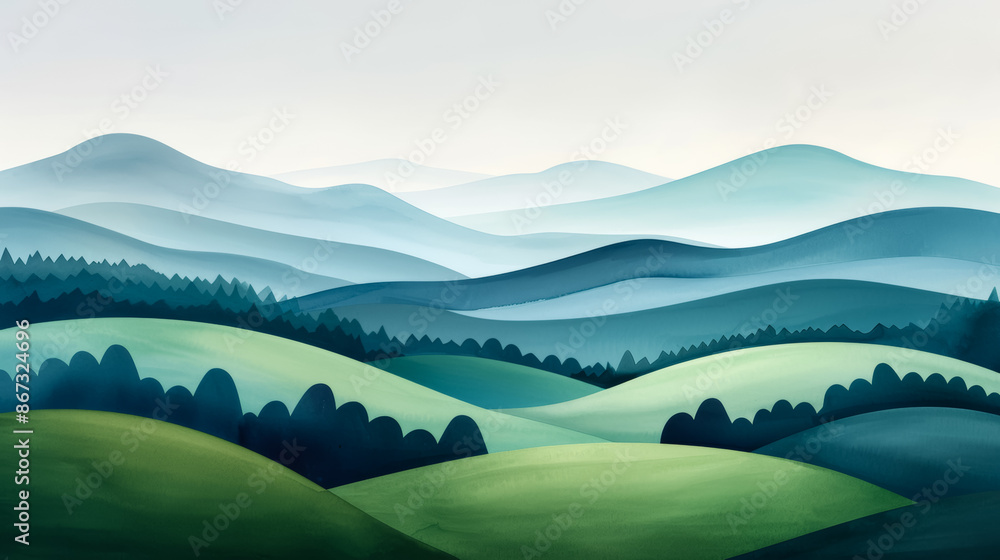 Wall mural Harmonious mountain landscape with soothing green and blue tones inviting meditative reflection and peace watercolour illustration 