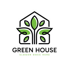 Green House logo design. Abstract minimalist house shape combination with green leaf. Environment nature sign symbol design illustration.
