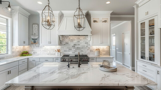 The kitchen has large marble island with hanging metal lights. The sink is white farmhouse with stainless faucet. The backsplash is made of marble hexagon tiles with white cabinets.