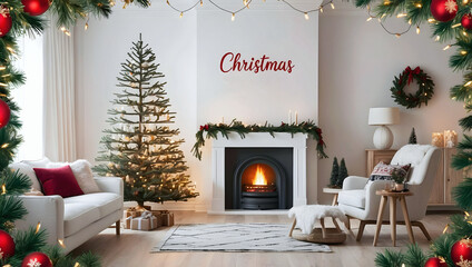 Merry Christmas decorated living room, Christmas tree, gifts, holiday background, festive template, decorations