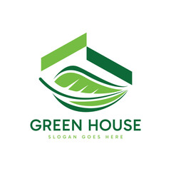 Green House logo design. Abstract minimalist house shape combination with green leaf. Environment nature sign symbol design illustration.