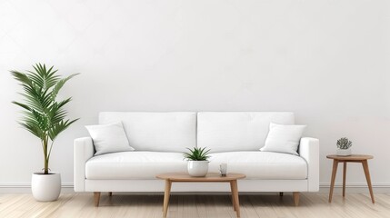 A white couch with decorative pillows and a potted plant sits in a minimalist living room