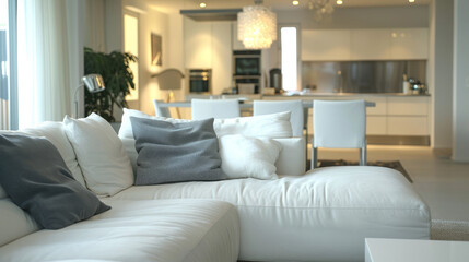Fototapeta premium The couch in the living room is white and modern, with gray pillows. The design of the room is contemporary, and it's a happy and comfortable place to be.