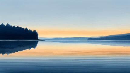 Obraz premium Soft pastel sunrise over a calm lake with gentle reflections and misty ambiance watercolour illustration 