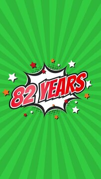 Celebratory animation for 82nd eighty-second anniversary - 82 eighty-two years birthday. Animated text on pop colorful background with rotating rays.