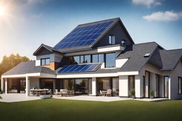 Fototapeta premium New suburban house with a photovoltaic system on the roof.