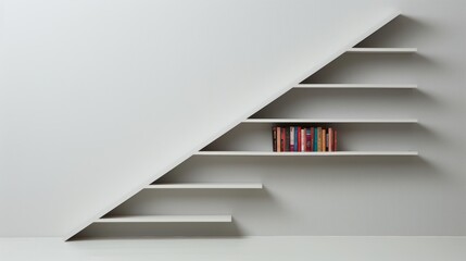 Obraz premium L-shaped bookshelf with a pencil-point rooftop, designed in a sleek architectural style, abstract elements incorporated, gray monochromatic theme, modern and unique