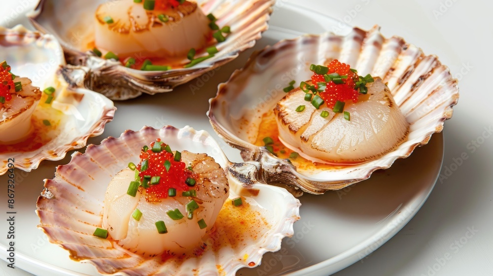 Poster raw scallops served in shells on a white background