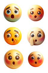 Six 3D emoji of a shocked or surprised face isolated on transparent background.