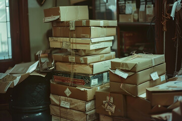 Shot of stack of the packages in a post office. Mail day, national holiday