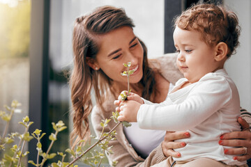 Happy woman, baby and together on porch for love, development and bonding at home. Mom, curious boy...