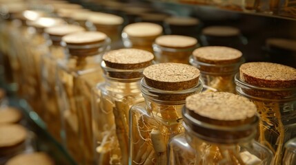 Close-up of dried ginseng in jars, vibrant and detailed,