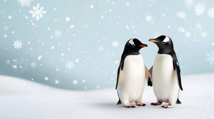 Fototapeta premium Winter watercolor frame with whimsical penguins and shimmering snowflakes icy pastel tones watercolour illustration 