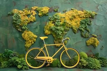 Yellow bicycle with a map of the world on a green background, world car free day ,