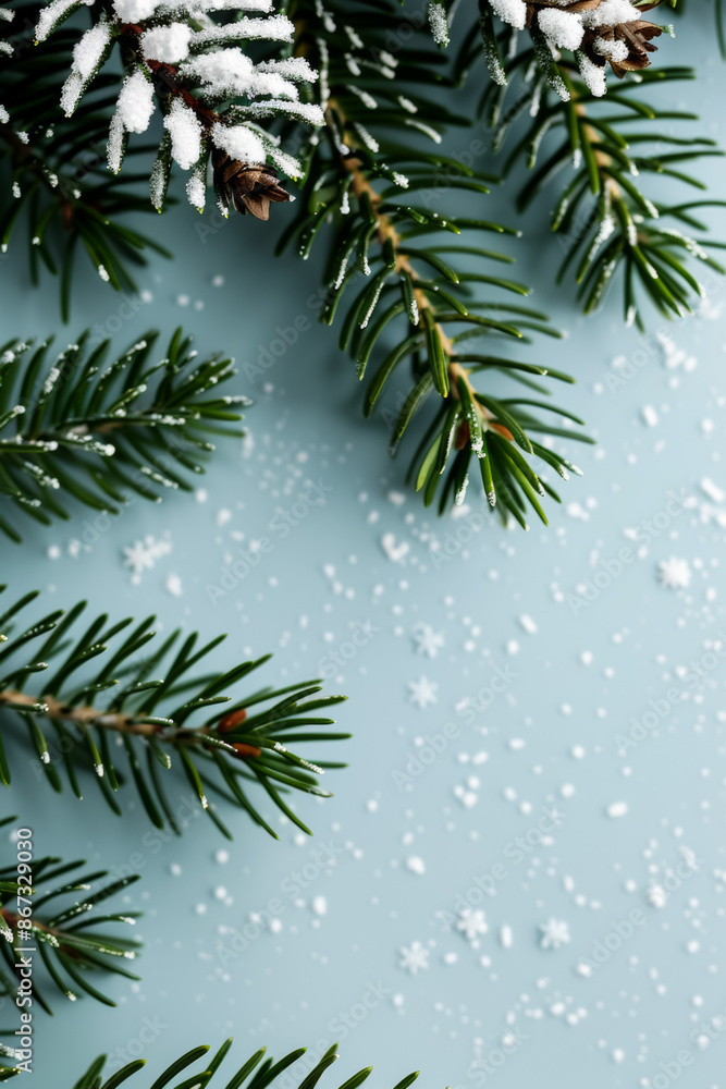 Poster a snow covered pine tree branch with delicate snowflakes creating an elegant winter themed border wa