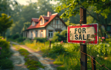 Fototapeta premium Road sign FOR SALE in front of house in village.