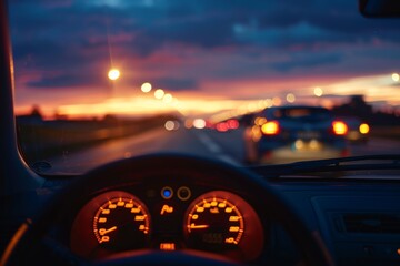 View of the road scenery at night from the driver's point of view as they glance at the speedometer at 59 km/h (59 mph) while traveling on a blurry road.