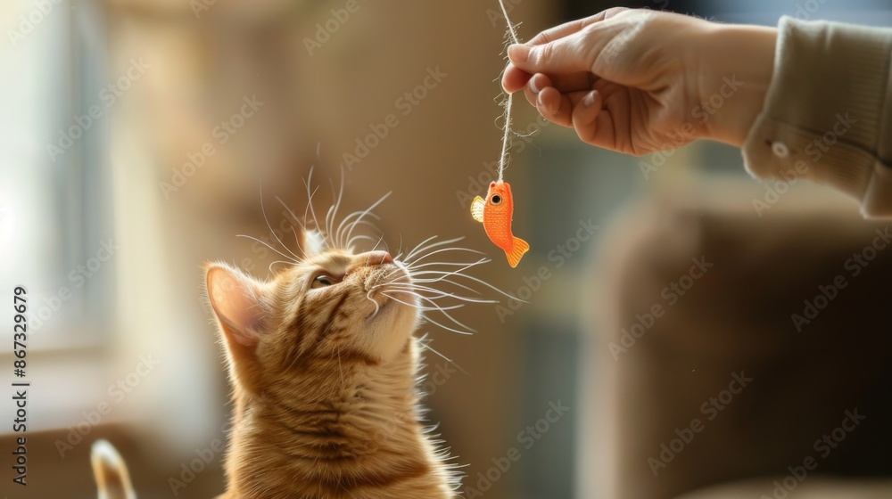 Aufkleber A cat stretching to catch a toy fish attached to a string, engaging in interactive play with its owner.