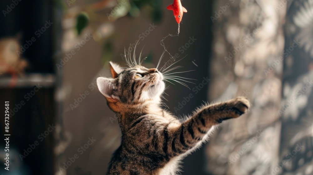 Aufkleber A cat stretching to catch a toy fish attached to a string, engaging in interactive play with its owner.