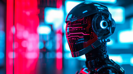 Watercolour illustration of an android with glowing circuitry standing amidst floating holograms in a neon lit cityscape watercolour illustration 