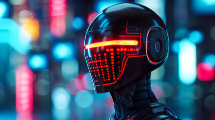 Watercolour illustration of an android with glowing circuitry standing amidst floating holograms in a neon lit cityscape watercolour illustration 