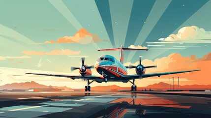 Airfield background with small aircraft, flat design, top view, aviation theme, cartoon drawing, colored pastel