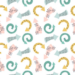 Seamless pattern with colourful handdrawn arrows and dots.