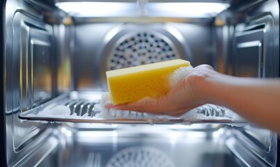 close-up of hand holding yellow sponge cleaning inside oven, woman's arm using soap and sponges to clean stainless steel coffee machine or refrigerator in home kitchen, focus on washing action
