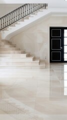 Fototapeta premium A modern home interior with a curved wooden staircase featuring black iron railings and white marble flooring. A black door is visible to the right