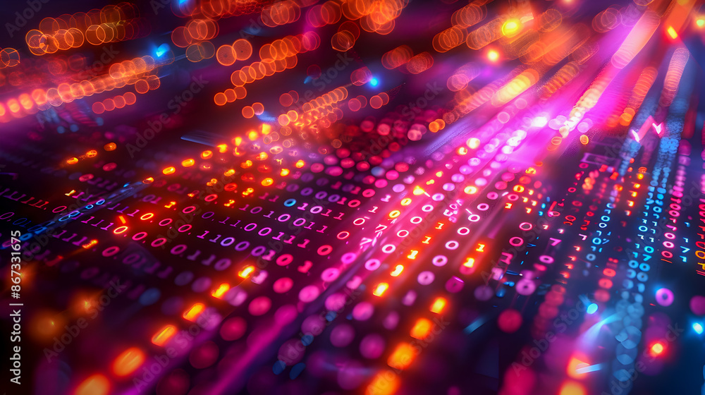 Poster vibrant futuristic binary code matrix with glowing neon geometric shapes