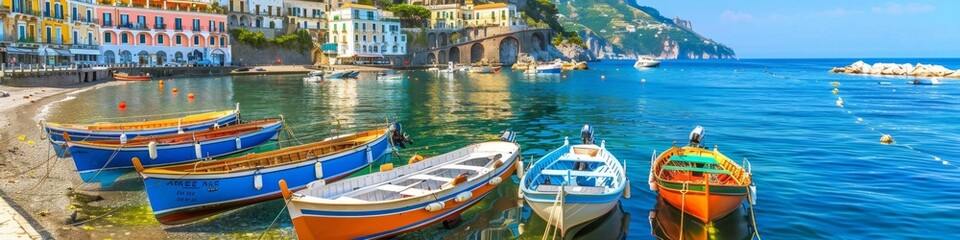 Fototapeta premium banner with Colorful boats docked in an Amalfi Coast marina, vibrant and scenic