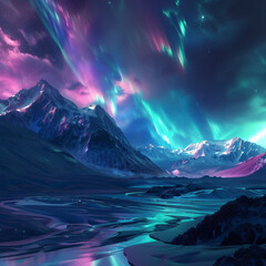 dreamy holographic cold color borealis night time magical landscape
