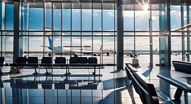  Modern airport terminal with empty signboard and waiting benches