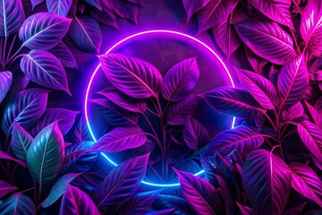 neon frames and shapes illuminating with beautiful neon light, lush tropical leaves nearby. background for the manufacture of goods, for interior, blue-purple background