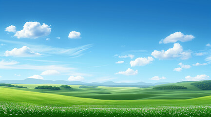 simplistic flat grassy landscape, large distant mountains