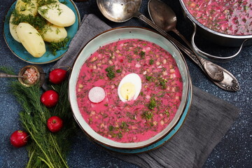 Traditional Belorussian, Latvian, Lithuanian, Polish, Russian and Ukrainian Beetroot cold creamy soup with cucumber, radish, potatoes and egg . Summer soup concept