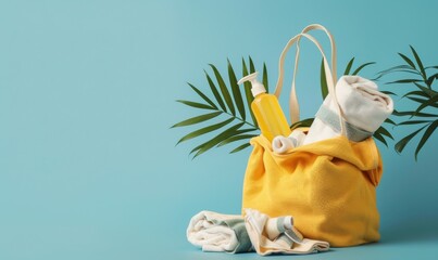 eco-friendly yellow beach bag with summer accessories and organic beauty products on blue background with copy space for eco friendly advertising or vacation travel concept