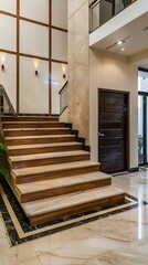 A modern home interior with a curved wooden staircase featuring black iron railings and white marble flooring. A black door is visible to the right