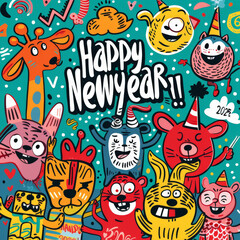 Fun Happy New Year 2025 with Cartoon Animals