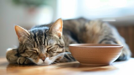 A contented cat resting beside an empty bowl, indicating a satisfying and enjoyable mealtime experience.