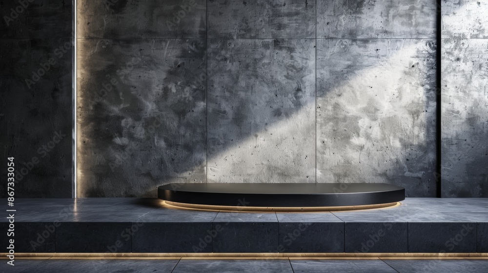 Poster minimalist black platform with glowing edge in modern studio setting