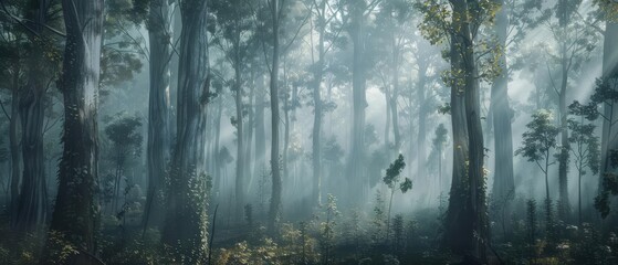 Obraz premium Mystical forest shrouded in fog with tall trees and dense foliage, creating an enchanting atmosphere filled with mystery and serenity.