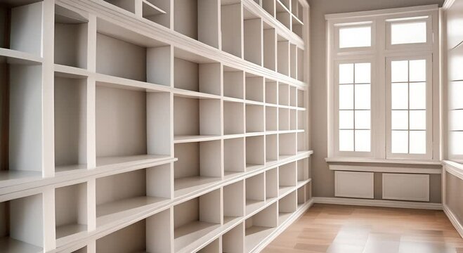 Interior of empty room with white wooden shelves and cupboards