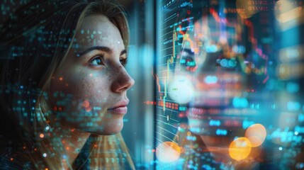 A thoughtful businesswoman peers through a window, her profile merging with an overlay of stock market graphs and financial data, illustrating the analytical mind and strategic thinking essential in