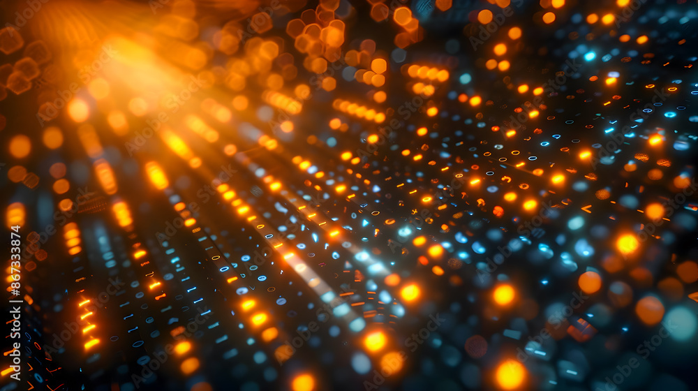 Poster mesmerizing futuristic binary code composition in vibrant neon teal and saffron hues