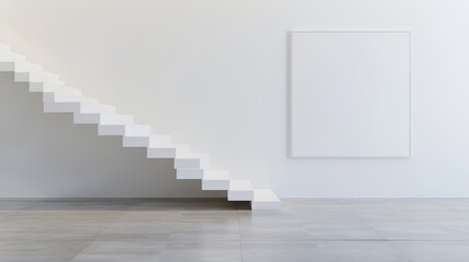 Minimalist staircase in a bright, open art gallery, showcasing stunning pieces of modern art, captured in 32k ultra HD resolution, highly detailed