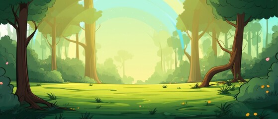 Fototapeta premium Cartoon Illustration of Lush Green Forest with Bright Sunlight, Concept art for nature, spring, environment