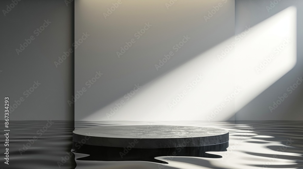Poster circular concrete platform floating in water with sunlight streaming through window