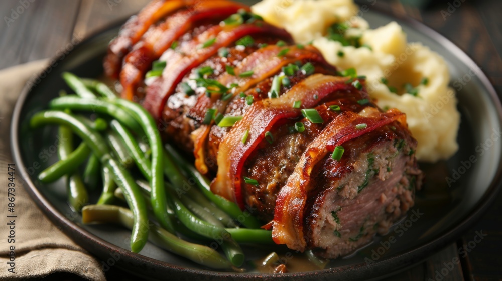 Canvas Prints A gourmet bacon-wrapped meatloaf with mashed potatoes and green beans, a comforting American dinner entree.